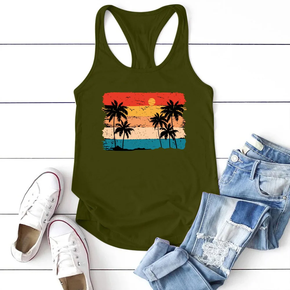 Seeyoushy Coconut Tree Sunset Print Printed Tank Top Summer Casual Vacation Vest Women's O-neck Sleeveless T-shirt Ropa De Mujer