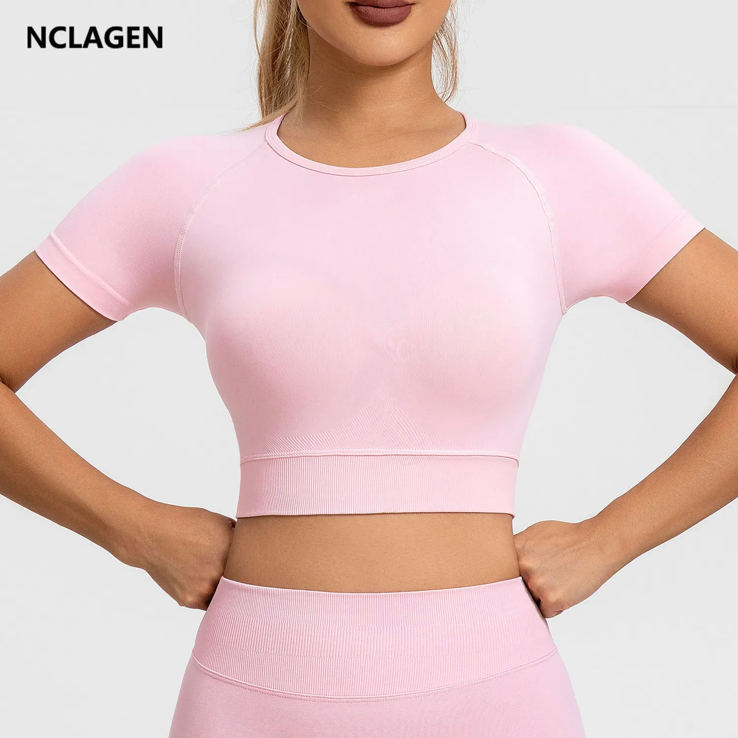 NCLAGEN Women Gym Top Sports Impact T Shirt Short Sleeve Seamless Active Tank Crop Top Workout Yoga Blouse Elastic Running Tee