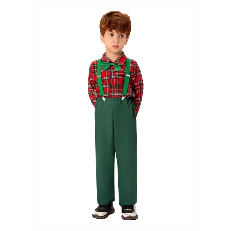 RT01 Boy Gentleman Outfit Christmas Plaid Print Button Long Sleeves Shirt Suspender Pants Set Formal Wear*Jk2