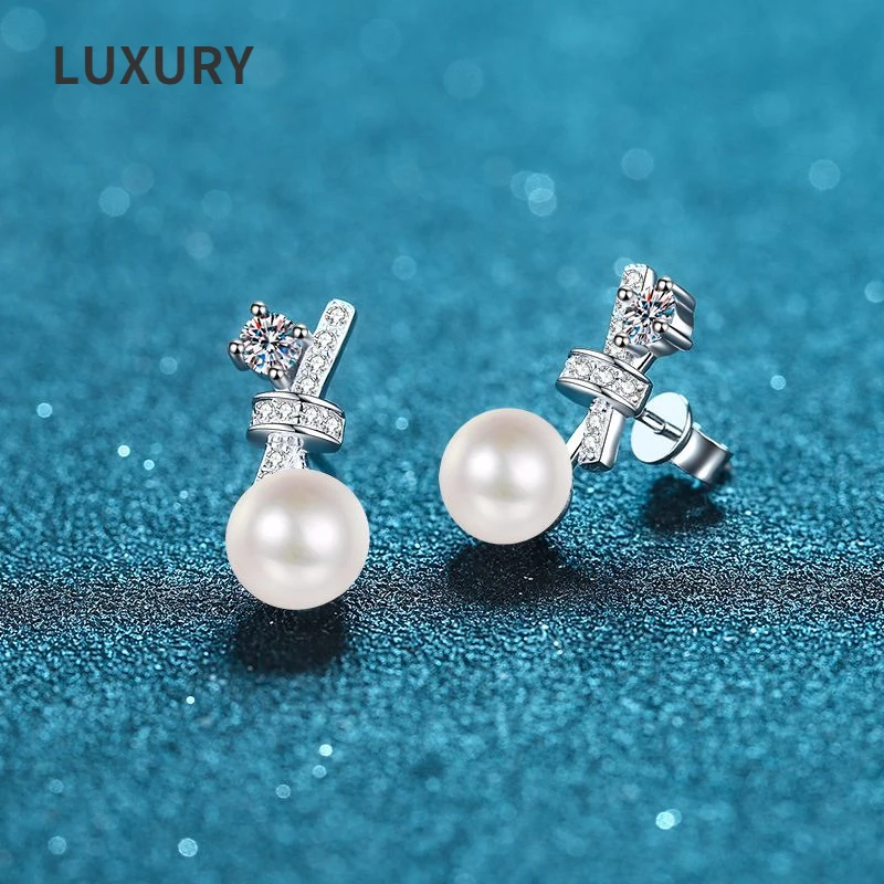 

Luxury100% 925Sterling Silver Real 0.36ct Carat Moissanite Freshwater Pearl Stud Earrings For Women Party Fine Jewelry Wholesale