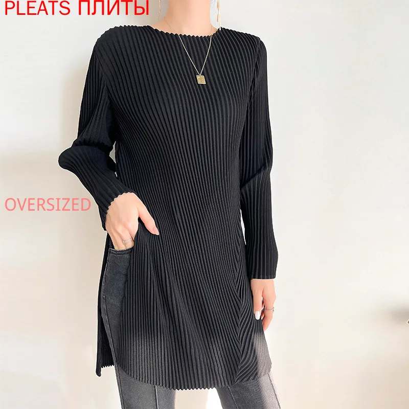 

Miyake Pleated Fashion All-Match Top for Women, Mid-length, Black, High-End, Round Neck, Long-Sleeved, Slit, Spring
