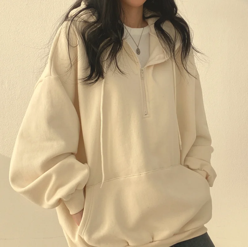 Women Hoodie Loose Oversized Solid Color Half Zip Up Hoodie Sweatshirt Harajuku Female Casual Long Sleeve Pocket Hooded Pullover