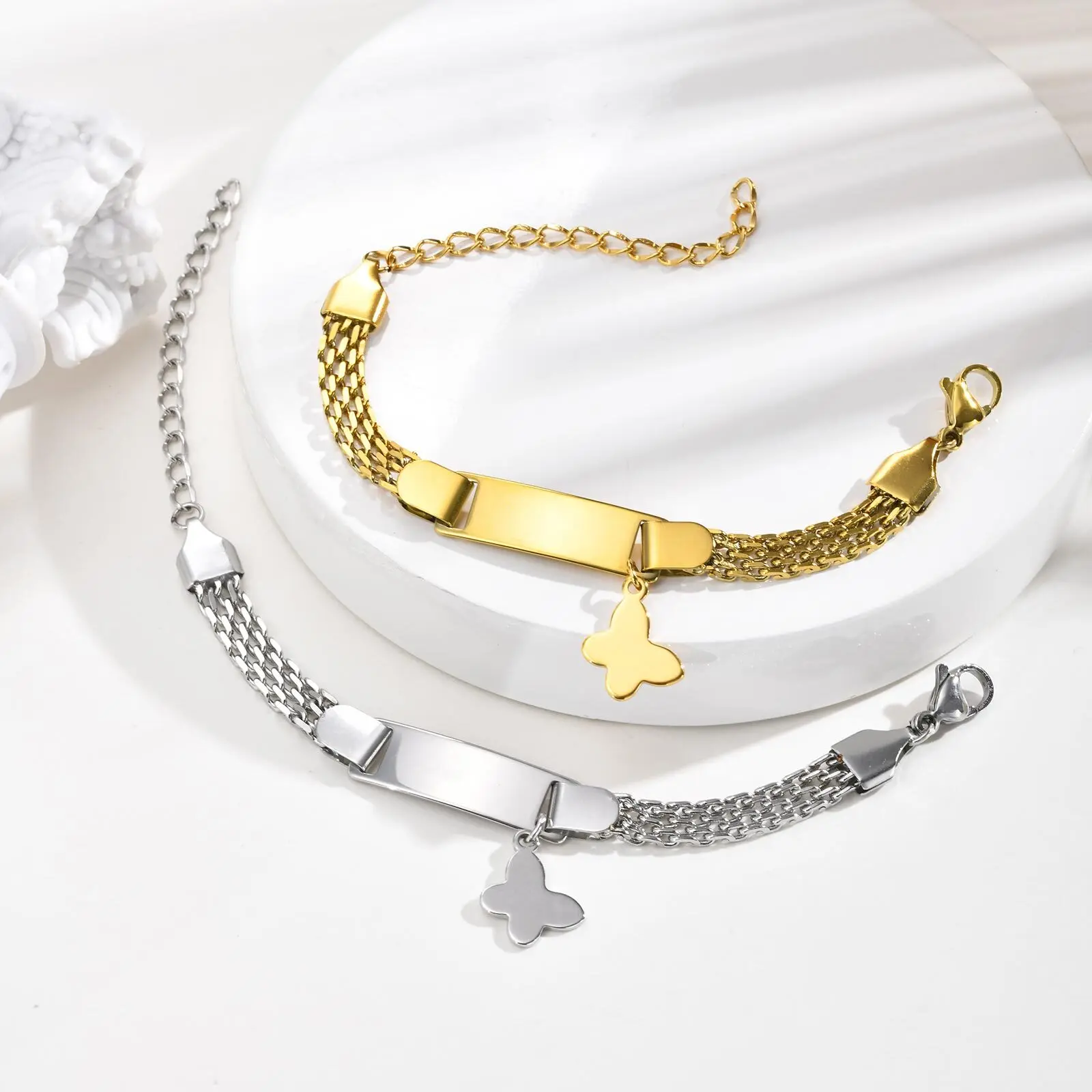 Vnox Free Custom Children's Bracelet For Boys And Girls,Stainless Steel Text Nameplate Bow Pendent Strap Chain Bracelet Jewelry