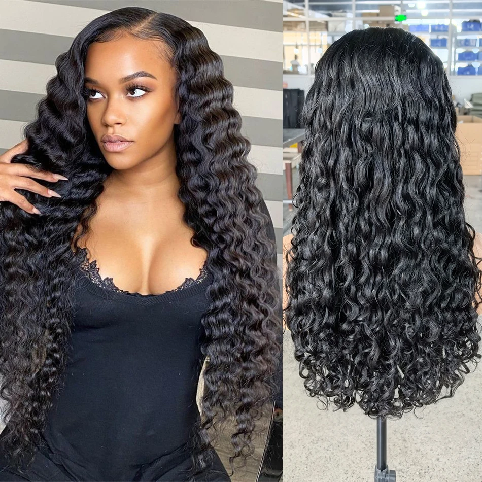 100% Human Virgin Water Curly 13x4 Lace Frontal Wigs 250 Density Glueless Deep Curly HD Lace Front Drawstring Wigs Wet And Wavy