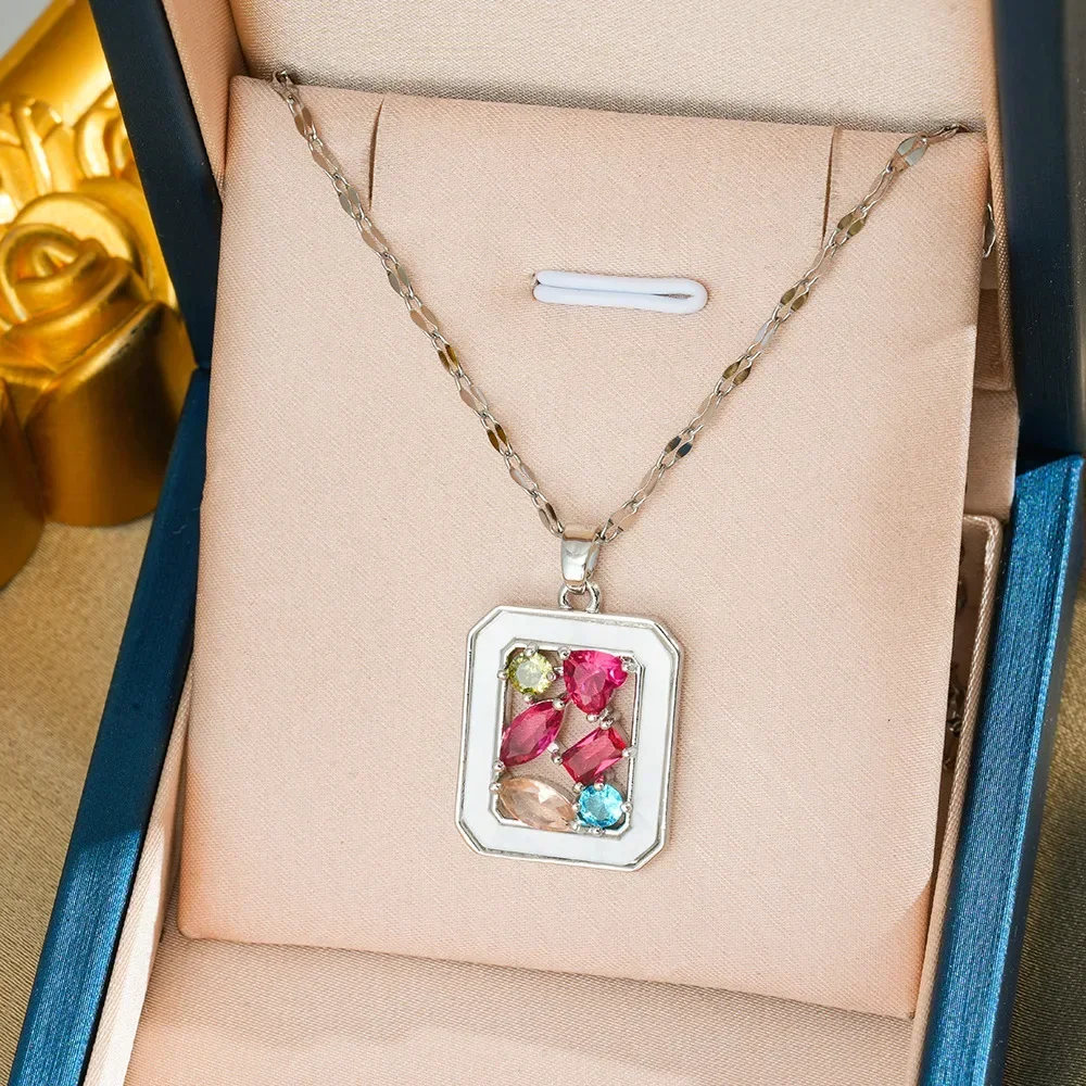 

Exquisite irregular colored zircon square titanium steel necklace with a high-end and light luxury collarbone chain for women