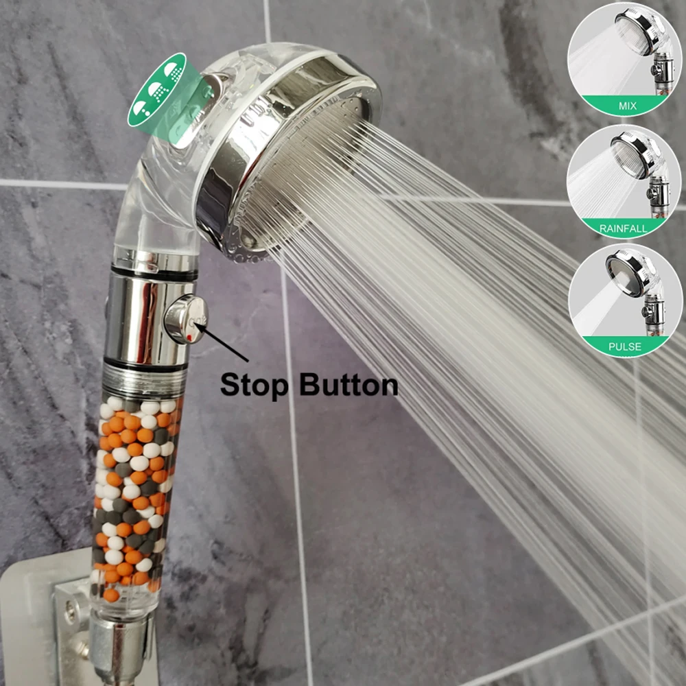 

3 Modes Shower Head High Pressure Water Saving with On/Off Switch Stop Button Ionic Mineral Anion Handheld Bathroom Showerheads