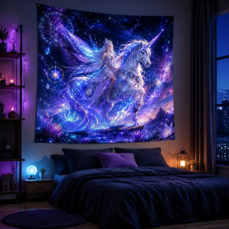 VIKAMA Starry Sky Unicorn Elf Princess Tapestry Dreamy Purple Galaxy Magic Printing Hanging Cloth Anime Room Decoration