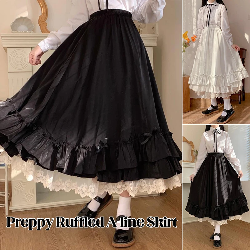 Japanese Style Lolita Long Skirts Preppy Style Super Fairy Double-layer Lace Ruffles Skirt Lady Sweety A-line Loose Half Skirt