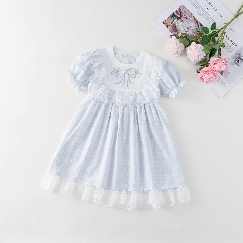 England Style Light Blue Dress for Girls O-neck Embroidery Bow Lace Puff Sleeve A-line Cotton Vestidos 1-6Y Child Mid-calf Dress