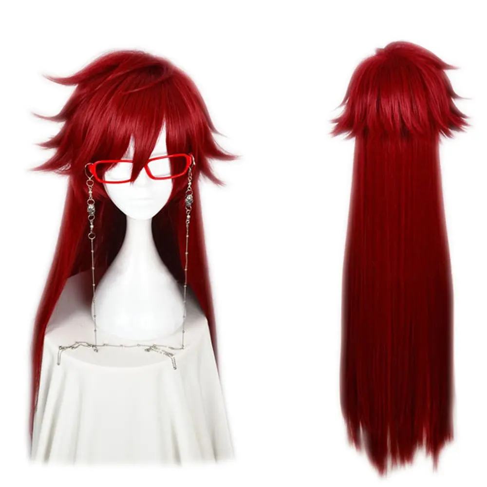 Grell Sutcliff Wig for Cosplay Costume Long Straight Dark Red Hai Halloween Synthetic Hair Party Wigs