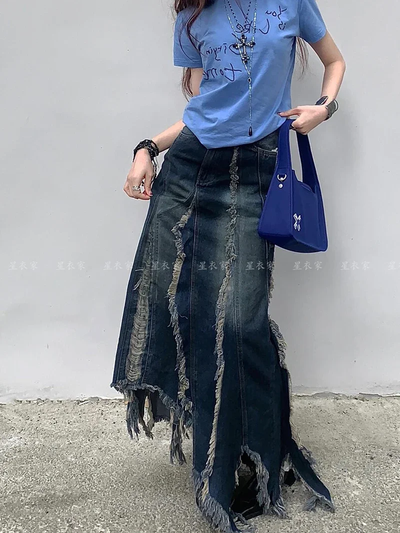 Women Denim Long Skirt Harajuku Y2k 2000s Vintage Skirts 90s Aesthetic Streetwear Fashion Korean Style A-Line Jean Skirt Clothes