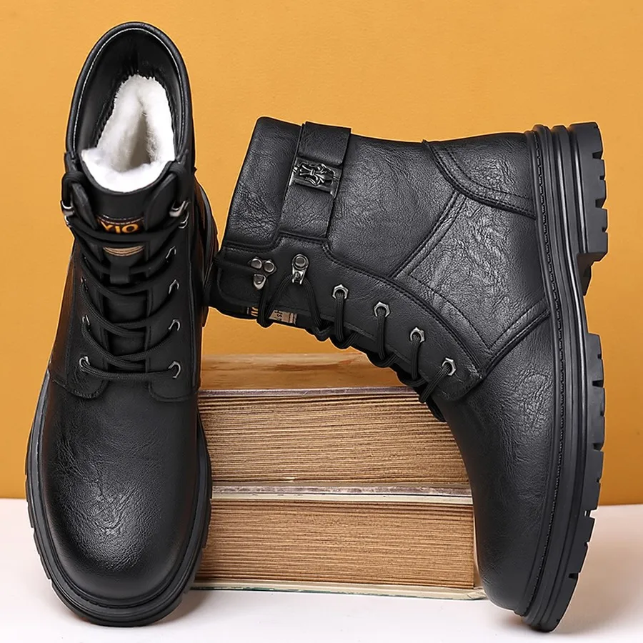 Herren-Winterstiefeletten, Schnürstiefel mit hohem Schaft und verstellbarer Schnalle, strapazierfähige Sohle für Wanderungen und Freizeitkleidung. – Detail 9