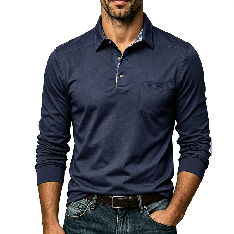 Color-Block Placket Lapel Long Sleeve Polo Shirt Men's Plus Size Casual Top