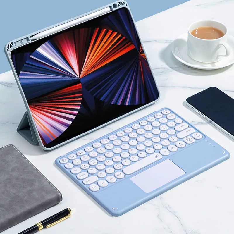 Keyboard kompatibel Bluetooth Mini 78 tombol, dengan bingkai bantalan sentuh tutup kunci bulat untuk iPad untuk ponsel Tablet Android