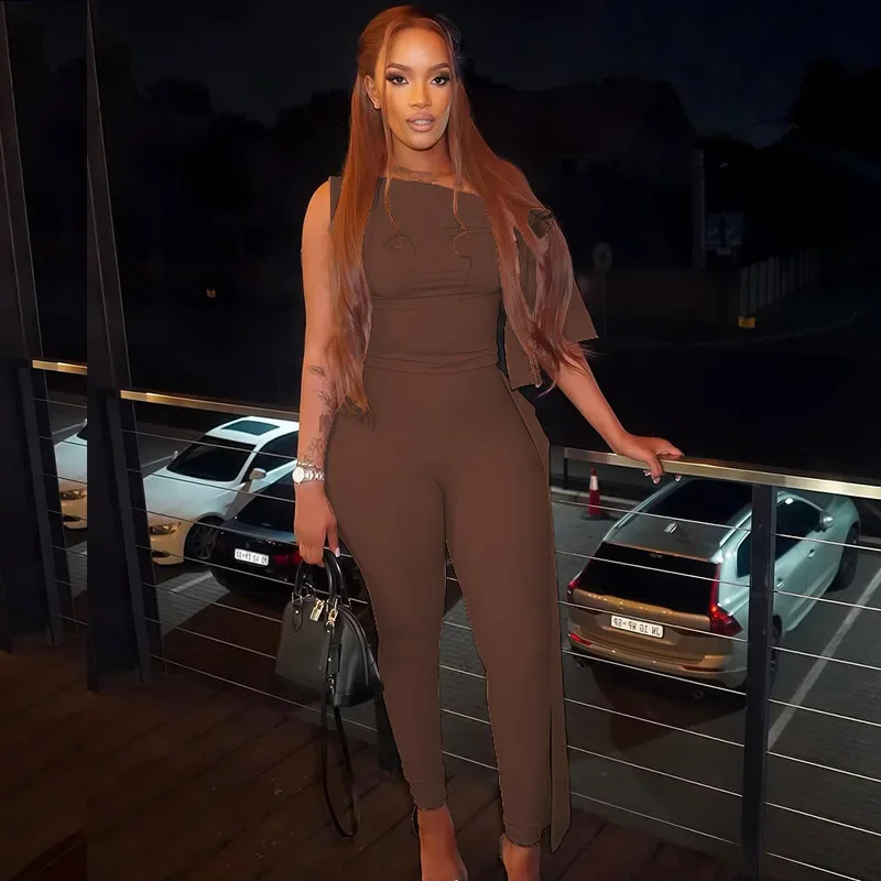 

Slim 2 Piece Set Women Fashion Solid Lace Up Ribbon Skew Collar Sleeveless Crop Tops + Skinny Pants Casual Streetwear Suits