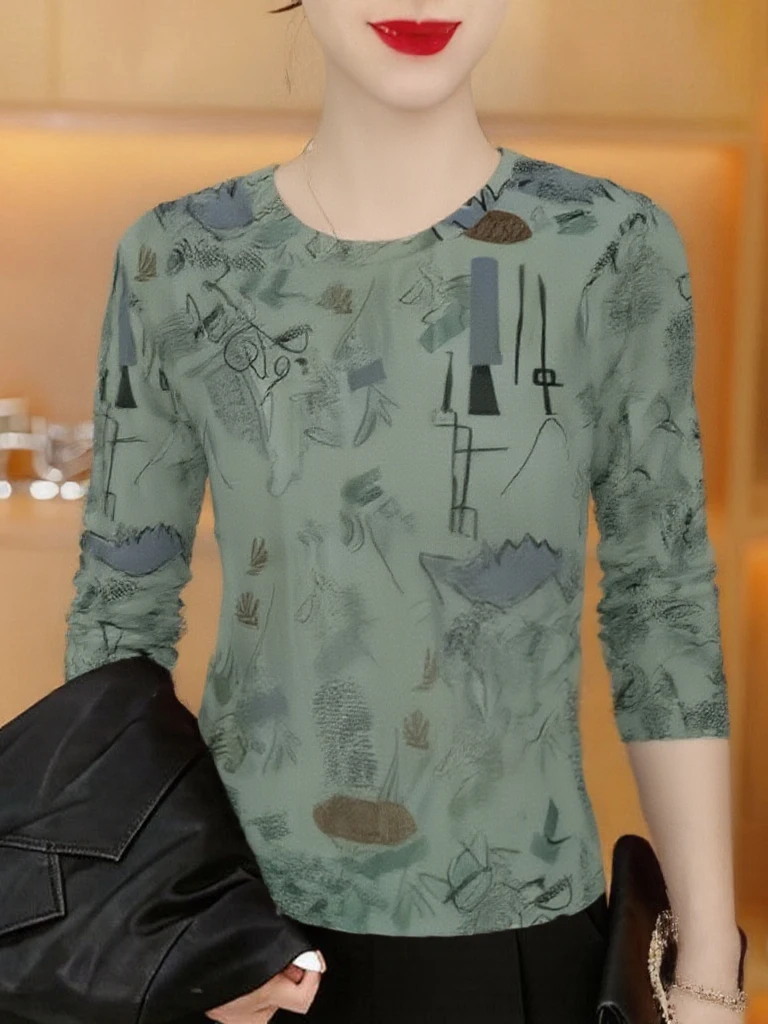 

Элегантная женская футболка с длинным рукавом и принтом, удобная, повседневная, дышащая, из полиэфирного волокна, с круглым вырезом, с цветочным узором.