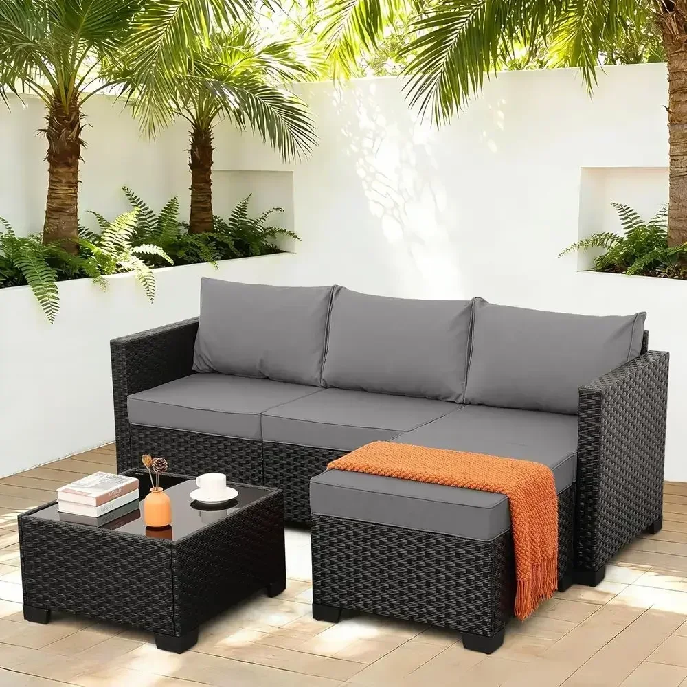 Light Grey 3-Piece Outdoor Sectional Patio Furniture with Ottoman and Glass Table, Weather-Resistant Cushions and Covers
