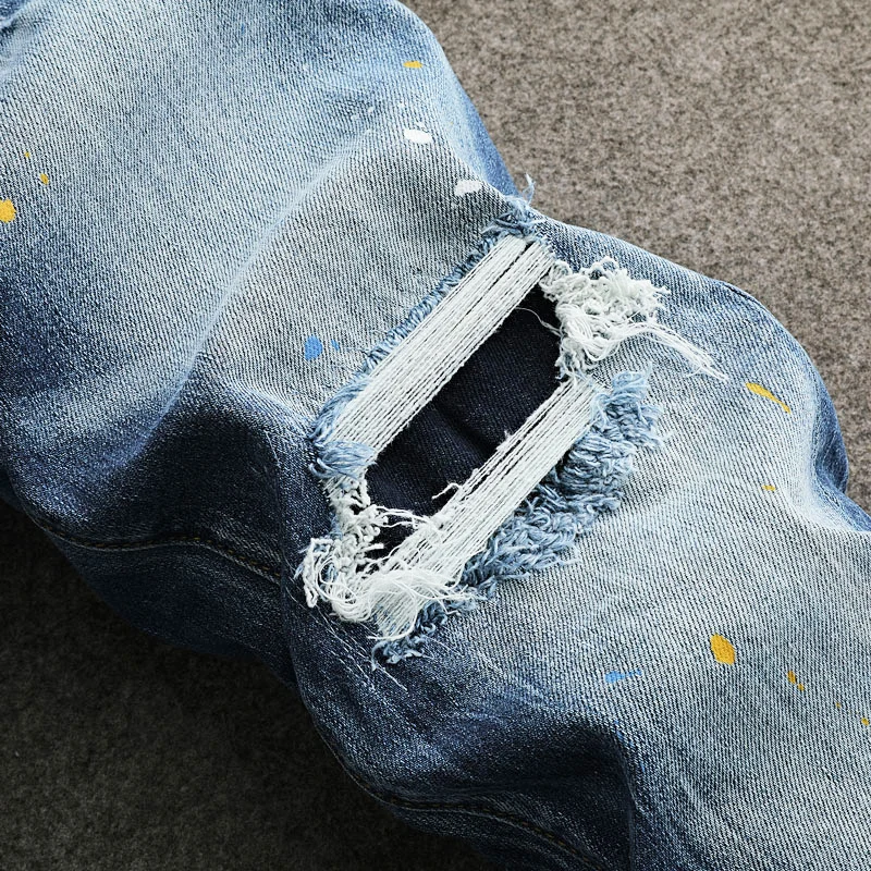 Street Fashion Men Jeans Retro Washed Blue Stretch Slim Fit Patched Ripped Jeans Men Painted Designer Vintage Y2K Denim Pants
