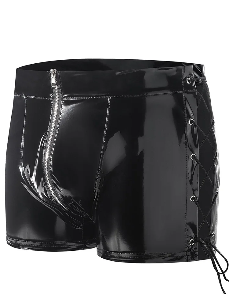 S-5XL Wet Look PVC Boxer Shorts Shiny Faux PU Leather Trunks Men Convex Pouch Boxershorts Lace Up Bandage Calconcillos Underwear