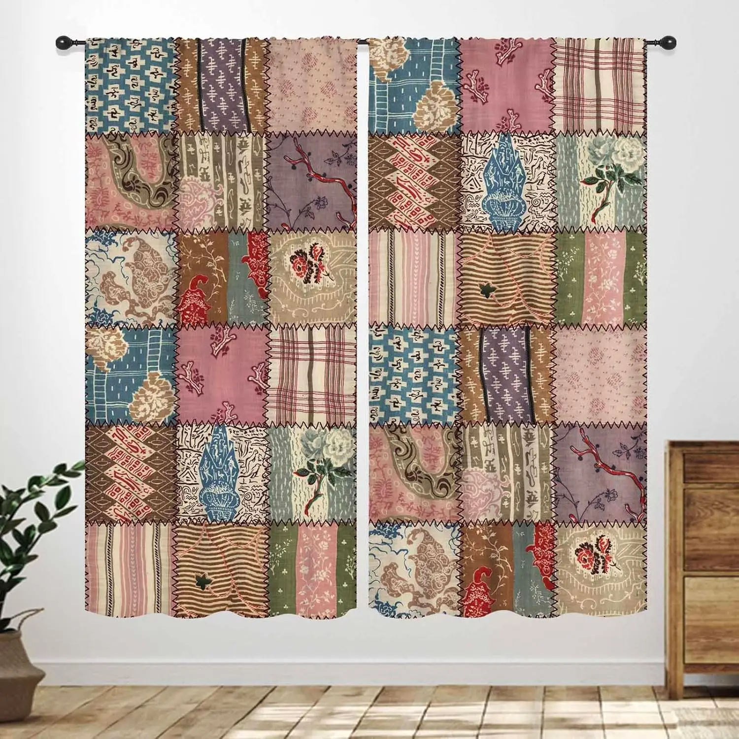 Patchwork Curtains,Vintage Bohemian Paisley Stitching Floral Curtainm,Retro Farmhouse Cottage Rustic Colorful Wildflowers