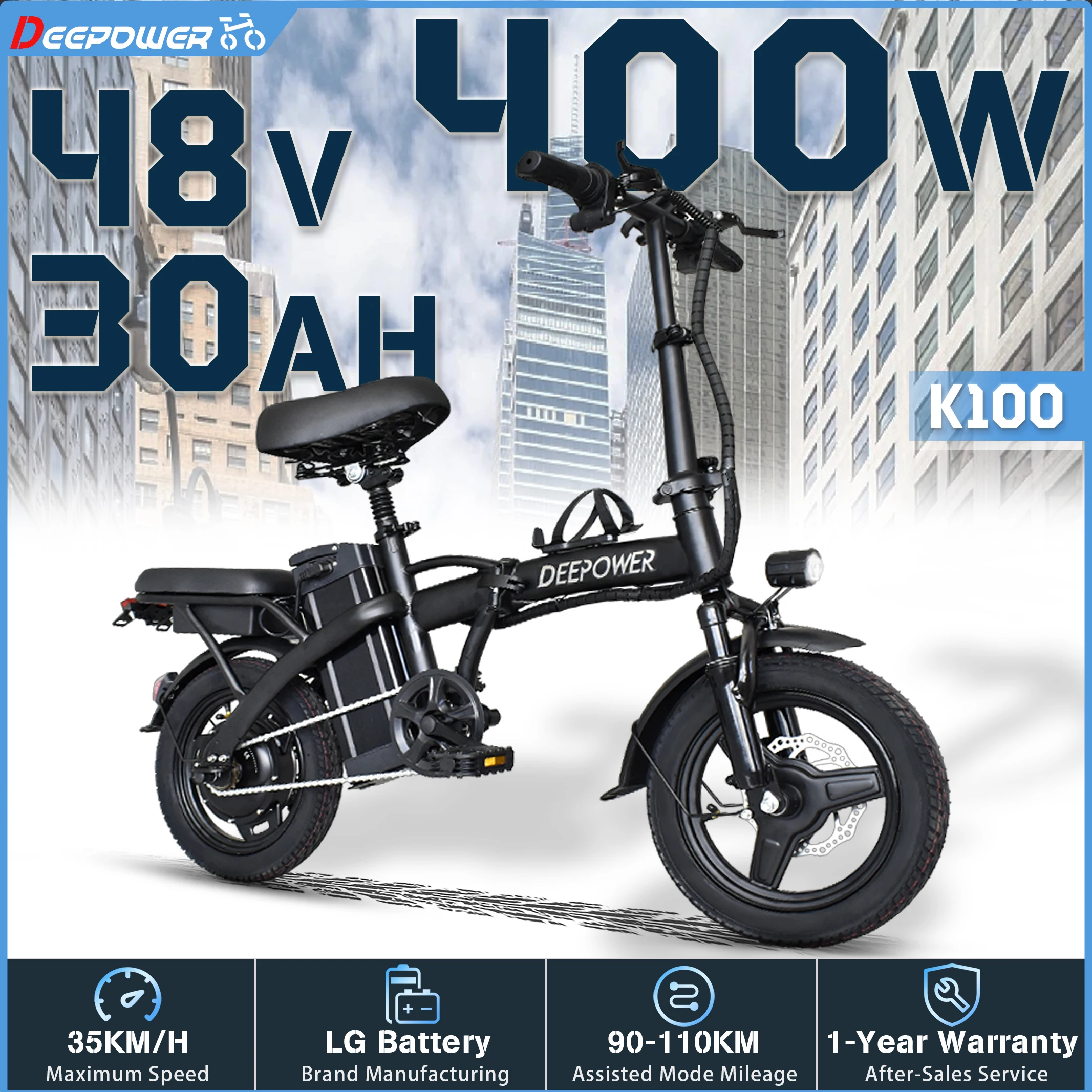 K100 Electric Bike 400W 48V 10AH/30AH Foldable Adult Mini Ebike for City Commuters, Urban Commuting Electric Bicycle
