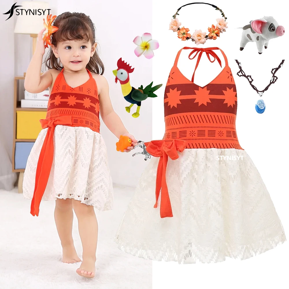 

2024 Baby Girls Moana Halter Dress Cosplay Princess Costume Casual Summer Clothing Hawaii Toddler Vaiana Cute Mini Sundress 1-6Y