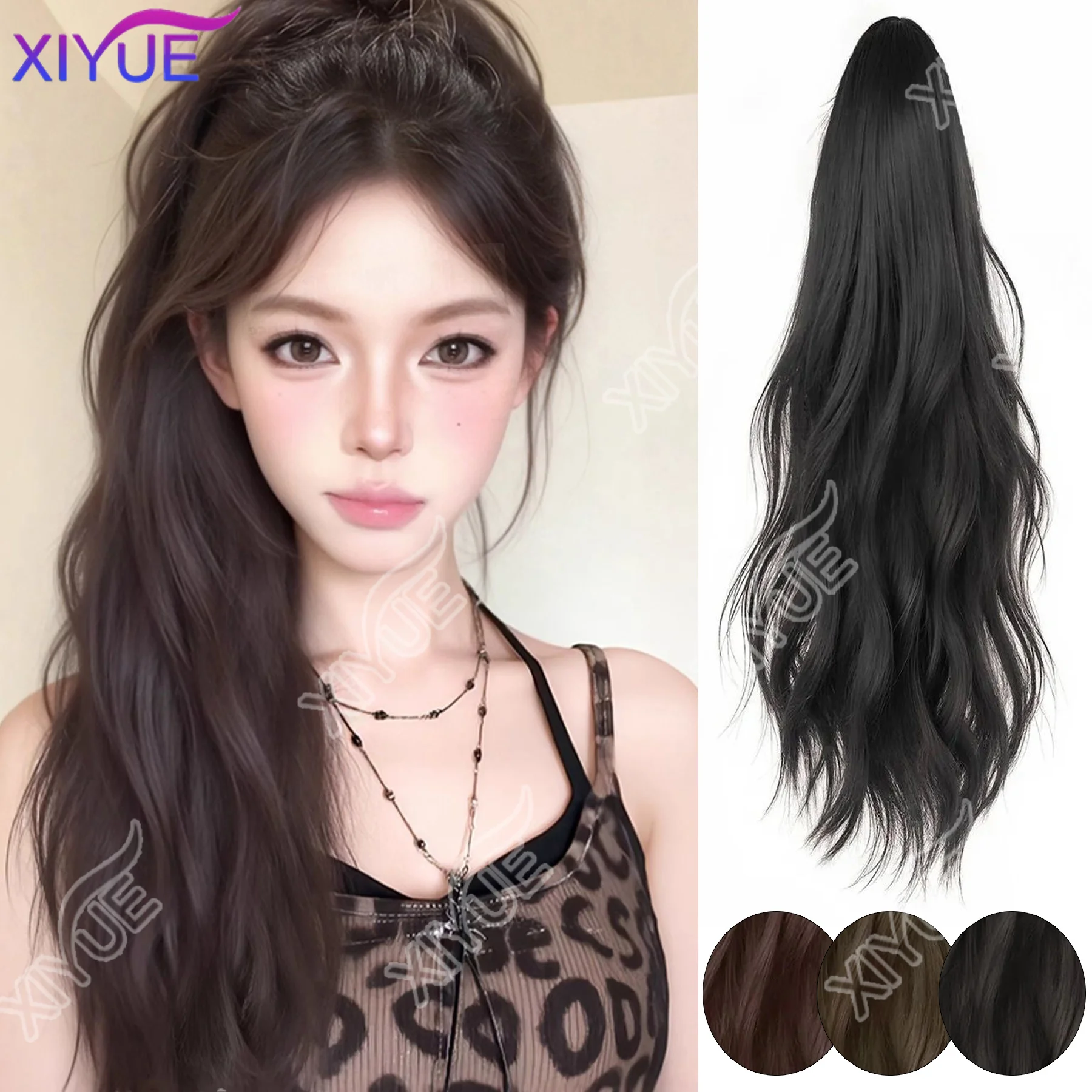 

XIYUE 18Inch Synthetic Long Wavy Curly Ponytail Claw Clip in Hair Extension Black Brown Hairpiece Easy to Wear for Women