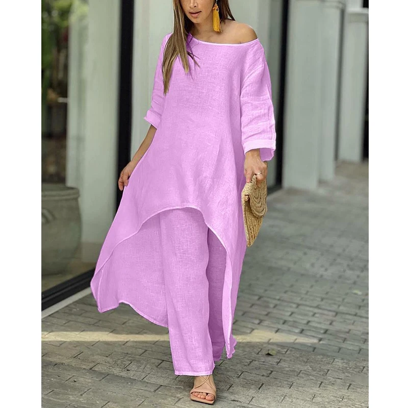 Fashion Cotton and Linen Loose Long Blouse Dress Elegant Women Casual Pants Irregular 2 Two Piece Set Suit O Neck Ladies Outfits