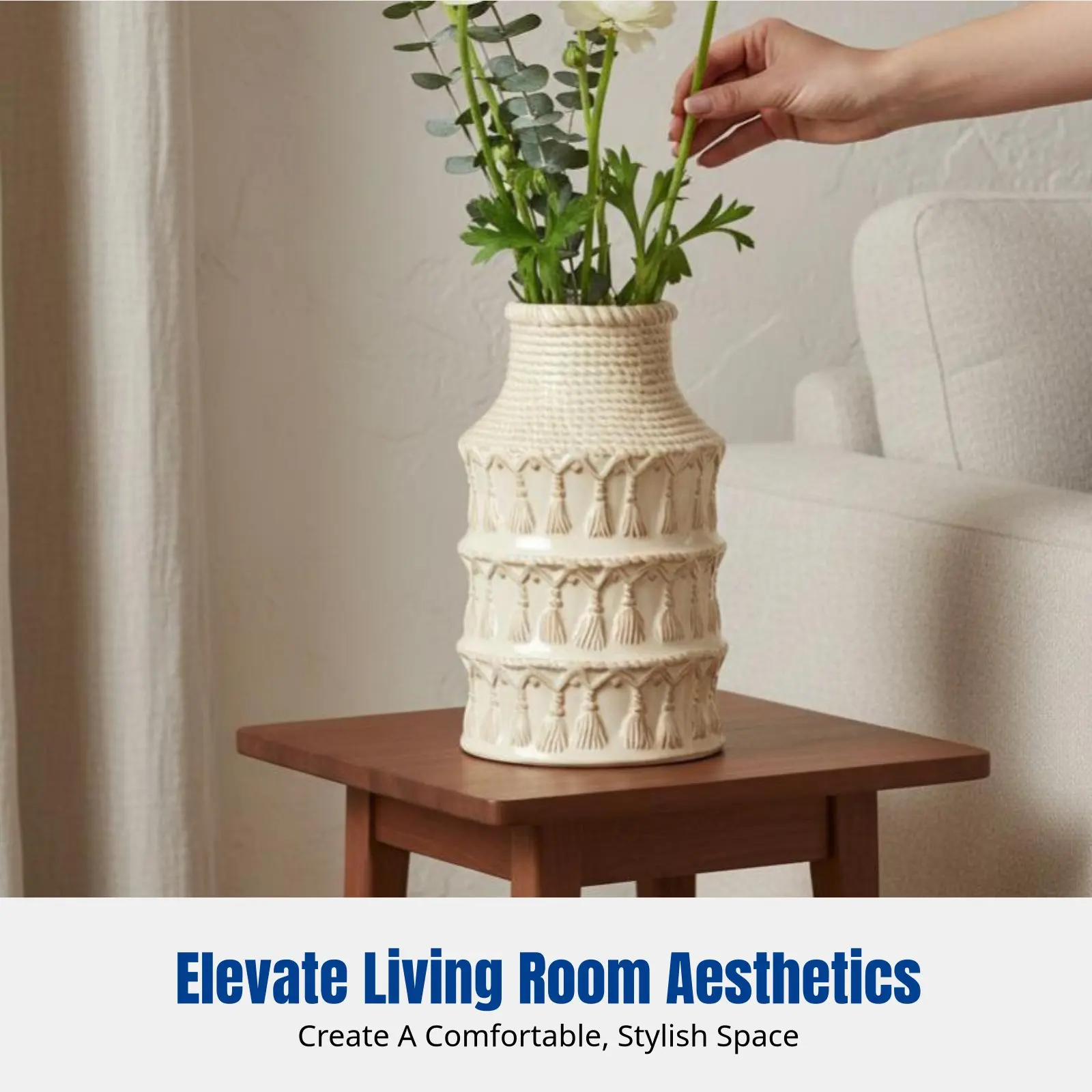 

Французская художественная керамическая ваза, кремовый цветочный держатель с кисточками, винтажный настольный декор для гостиной