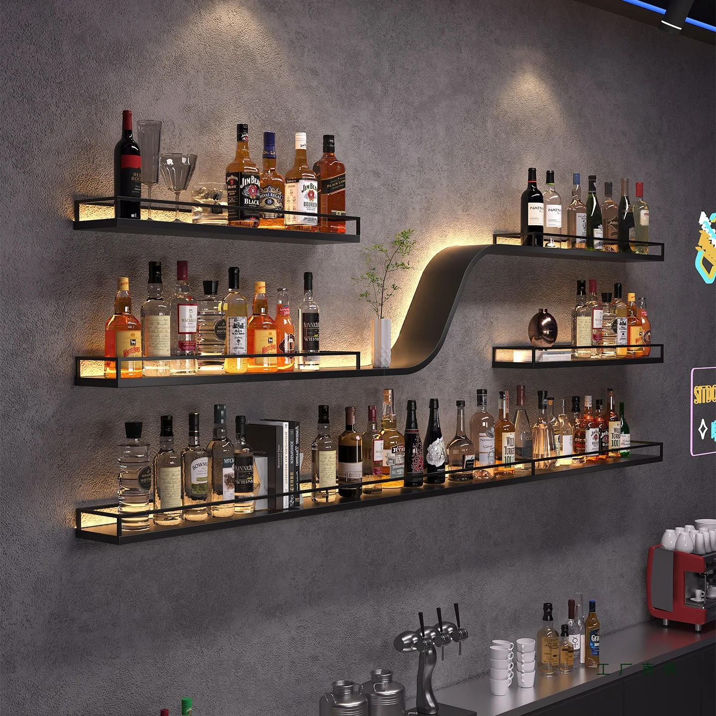 Bar Bar Counter Wrought Iron Wine Rack Wall Mounted Shelf Bar Restaurant Wall Display Rack Industrial Style