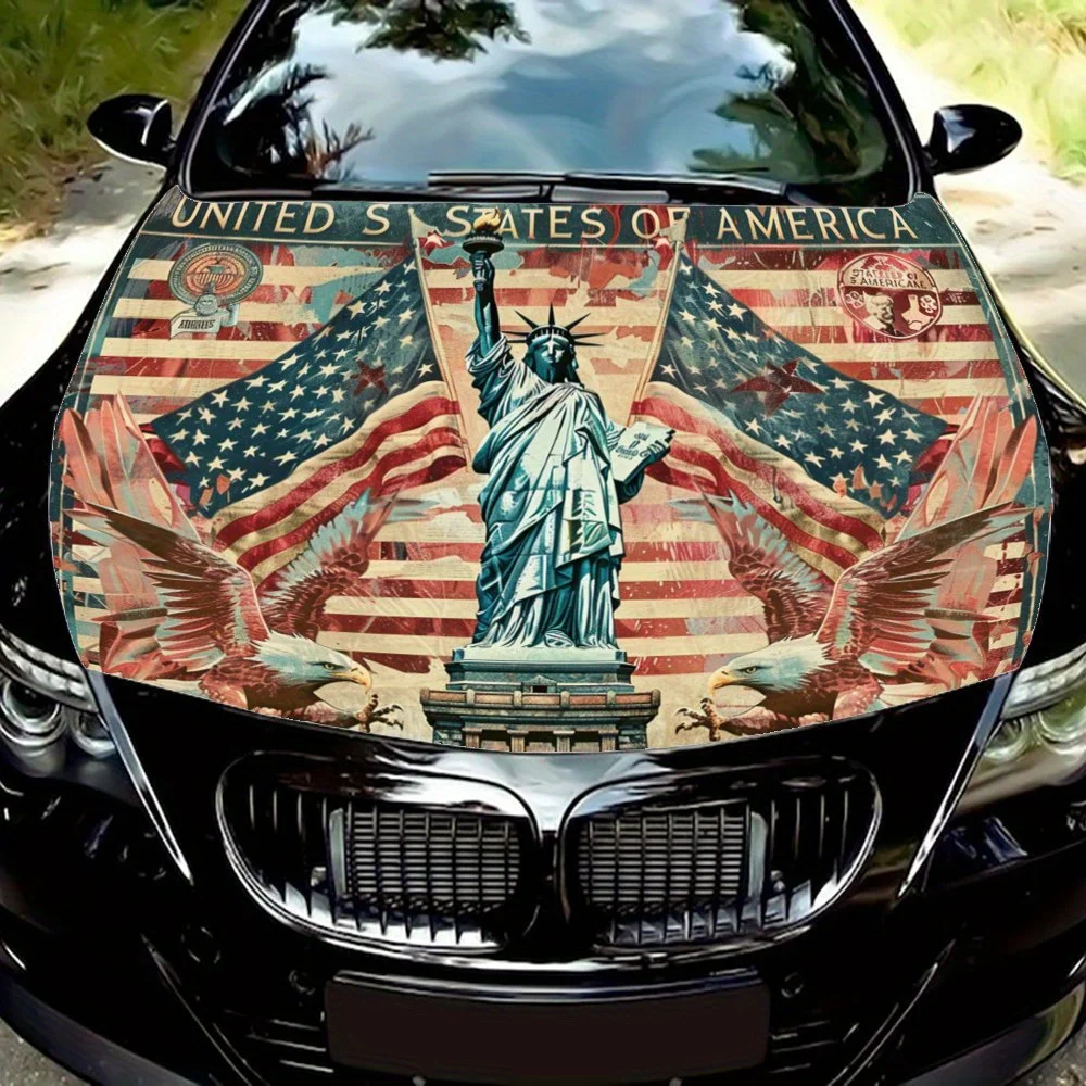 

Звезды и полосы с Леди Свободой: переплетенные графические автомобильные виниловые обертывания American Glory, виниловая графика на капоте автомобиля, виниловый двигатель d