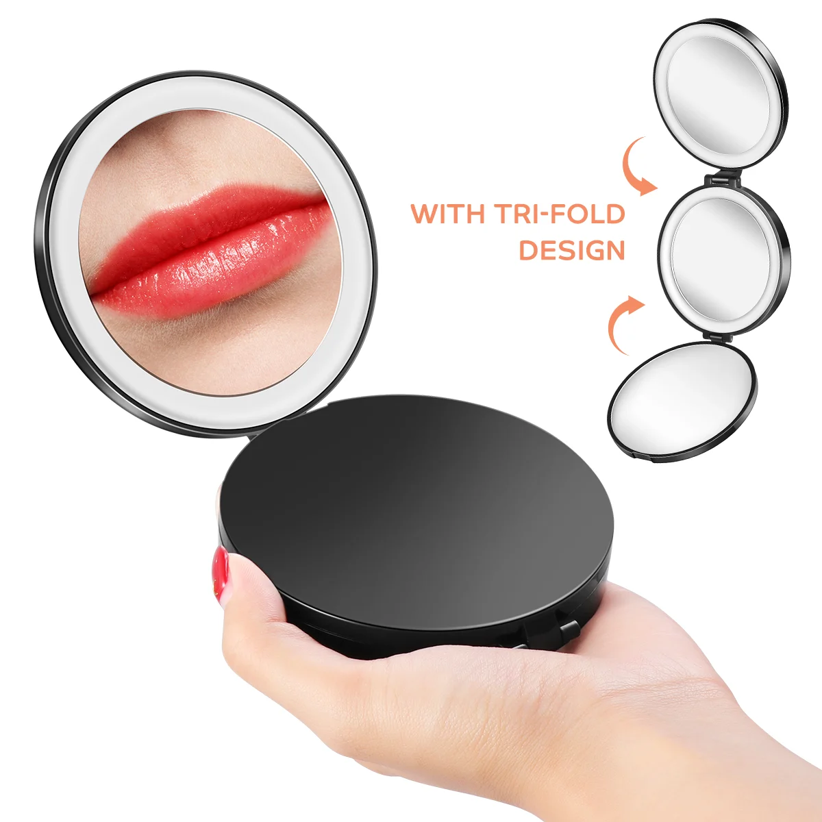 Round Tri-Fold LED Mini Espelho, Espelho de ampliação preto, Travel Make Up Mirror