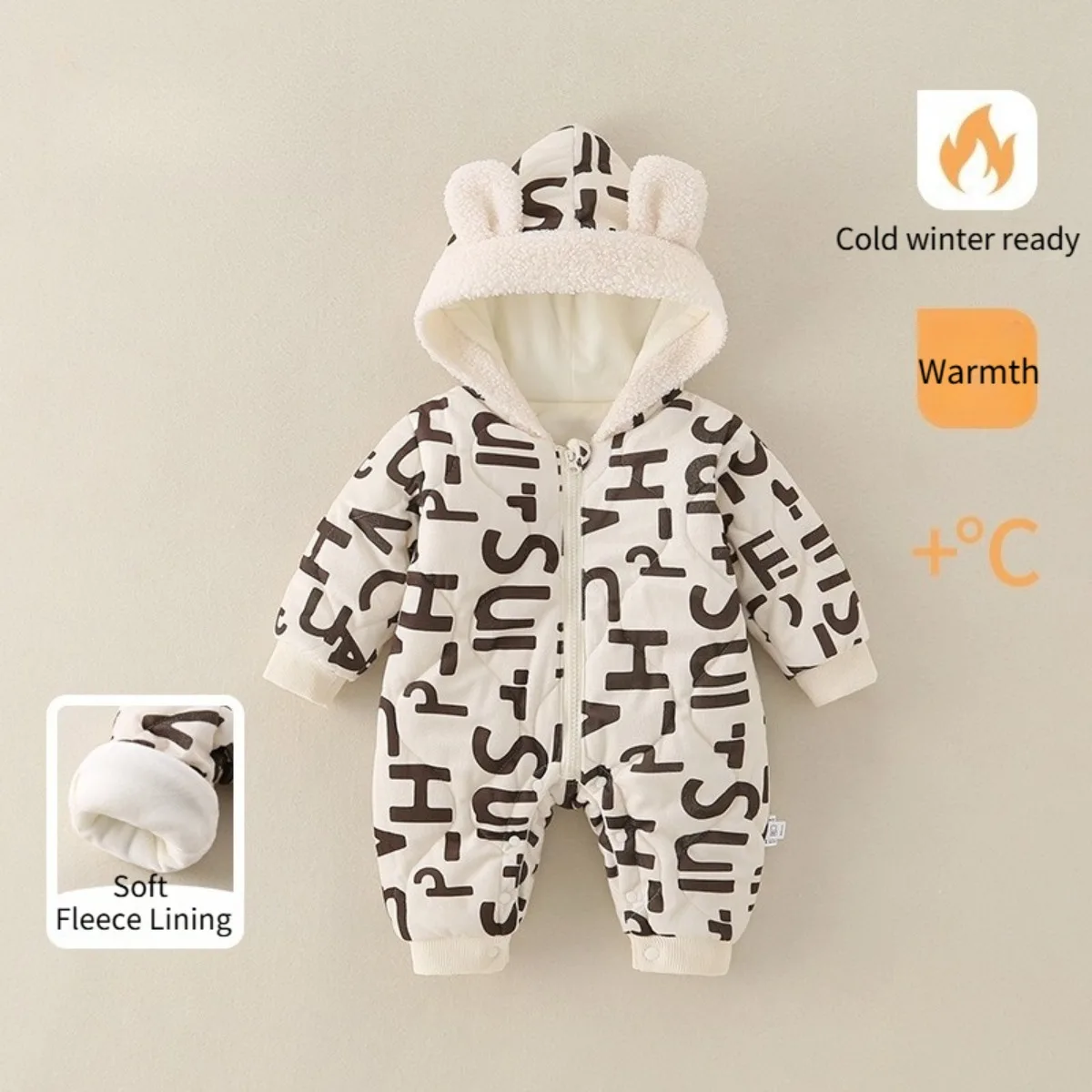 Baby Winter Thermal Romper Soft Fleece Lining Hooded Warm Jumpsuit Zipper Closure Bodysuit for Toddlers Boys Girls 6M-3Y Outwear
