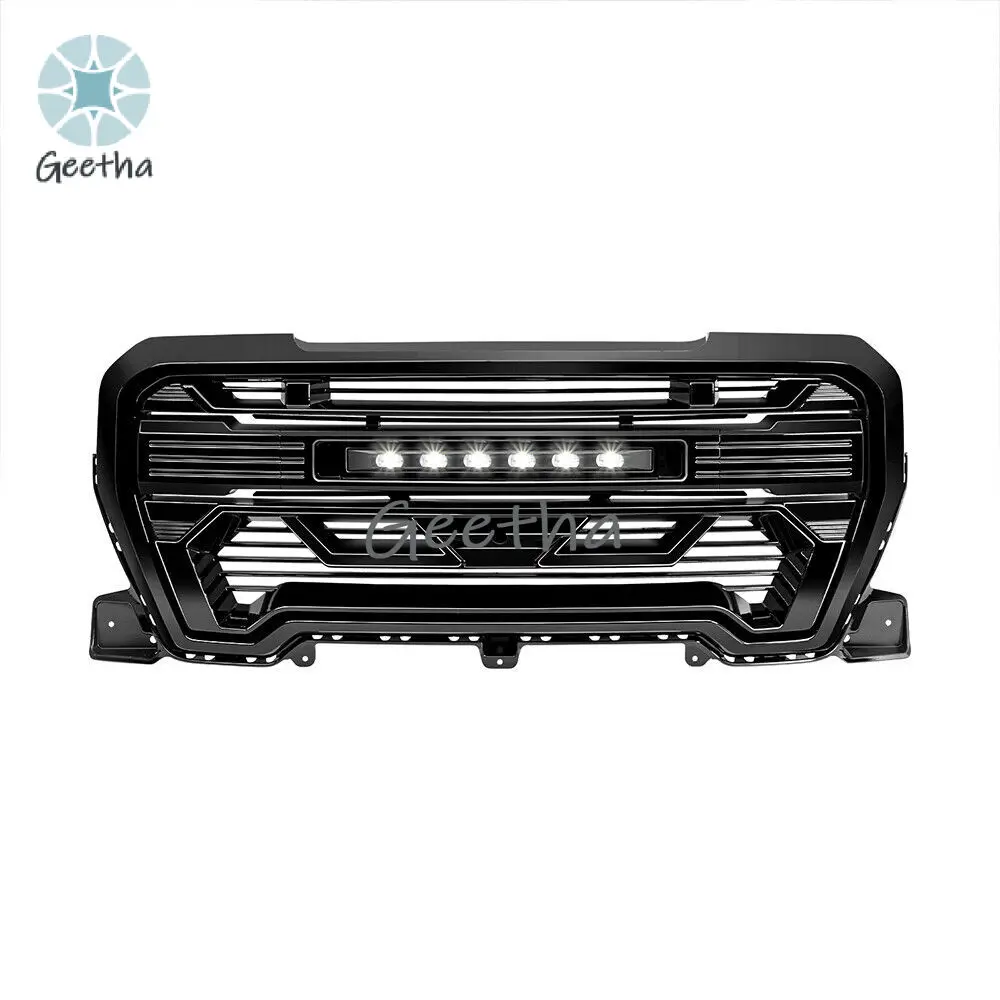 Glossy Black Front Armor Style Grille Bumper Grill car grills with Off-Road LED Lights For 2019 2020 2021 GMC Sierra 1500 ABS