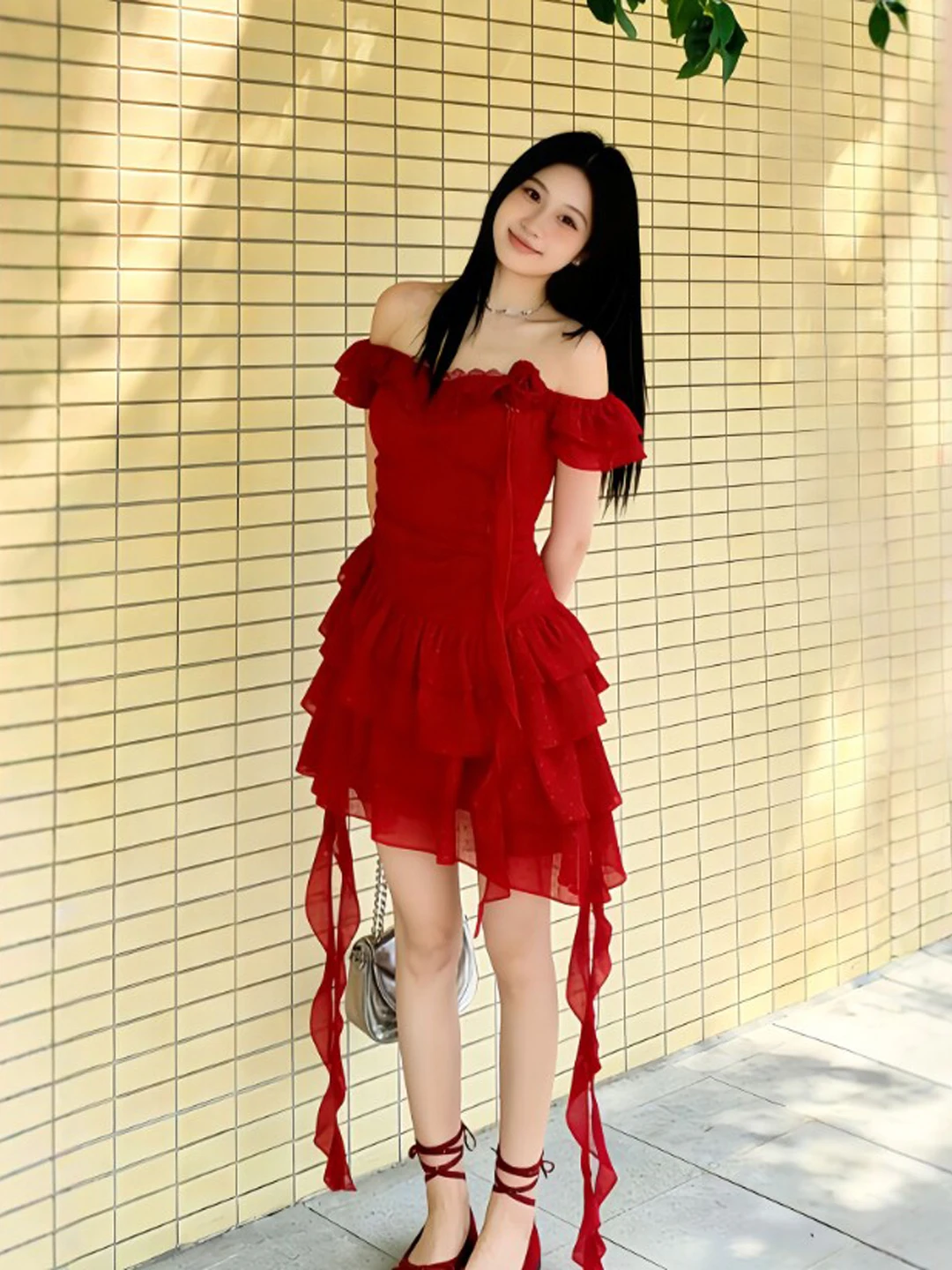 

Gentle Wind Unique Beautiful Red One-Shoulder Puffy Short Skirt Dress Small Size Super Cute Summer 2026 Women's Dress