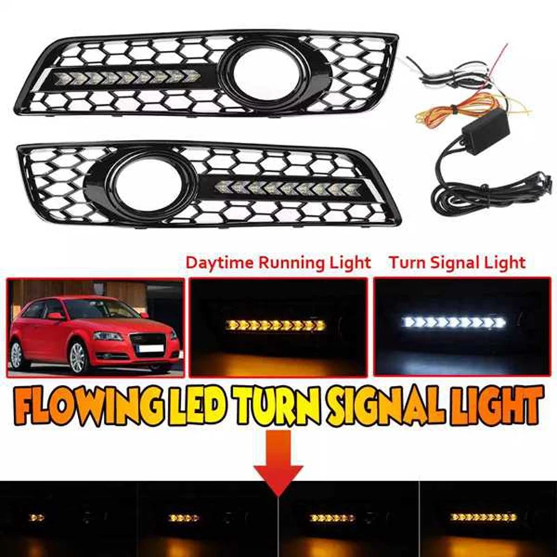 

1Pair Honeycomb Bumper Fog Light Grill Grille With LED DRL For - A3 8P 2009-2013 8P0807682D 8P0807681D