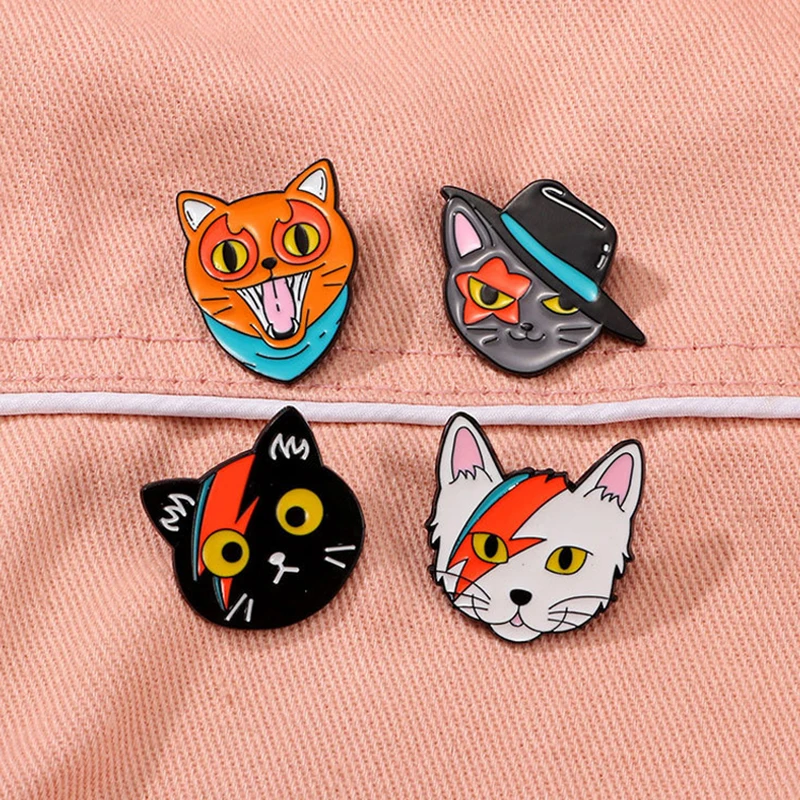 Funny Cat Cartoon Brooch Pentacle Gentleman Hat Scar Tie Tongue Cat Villain Animal Cat Badge Punk Clothes Lapel Pin Jewelry Gift