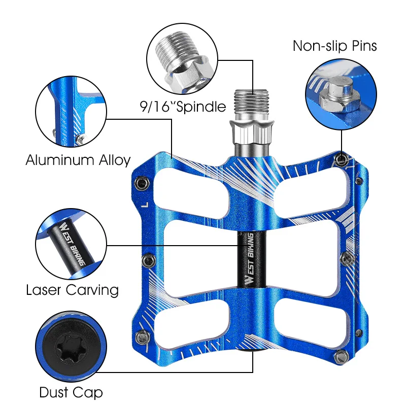 WEST BIKING Aluminum Alloy Footboard Hollow Anti-skid Bearing Mountain Bike MTB Foot Pedals Smooth Bearing Bike Part Accessories