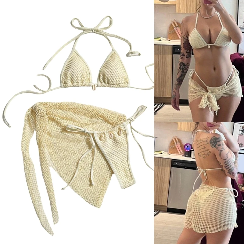 3Pcs Lady Solid Color Split Swimsuit with Beach Wrap Skirt Sexy Triangular Halter Neck Bikinis Top and Side String Tie up Briefs