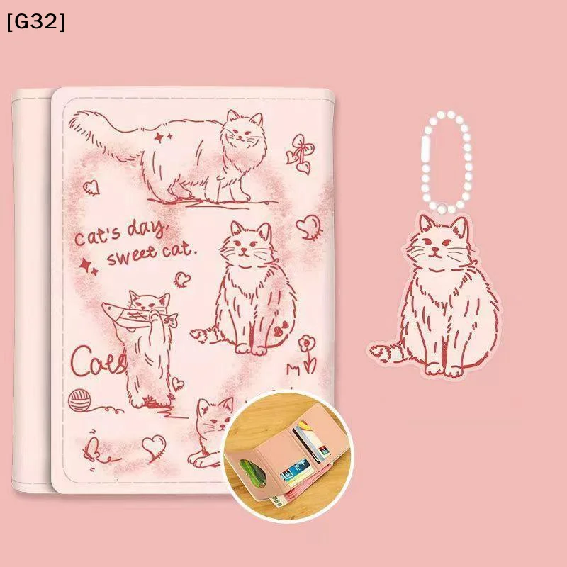 Kawaii Cat Printed Card Wallet With Multiple Card Slots And Matching Pendant Perfect For Overseas Travel Daily Use[G32]