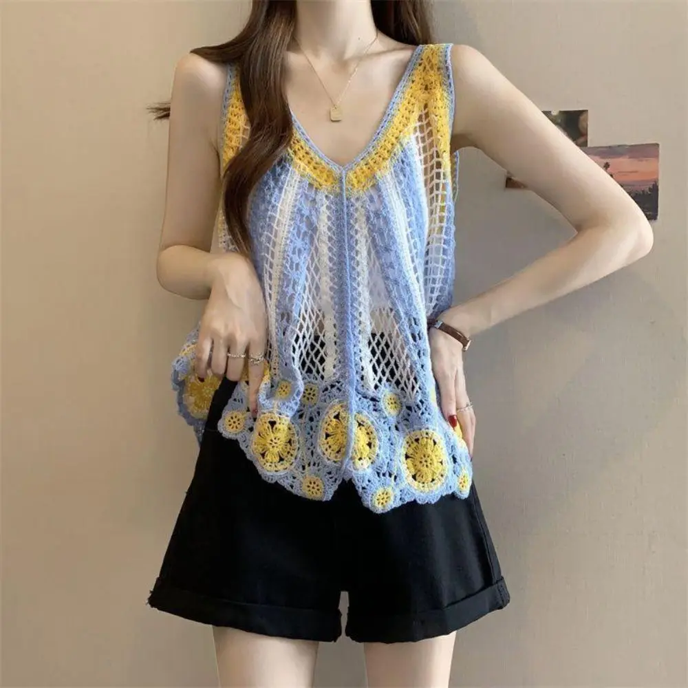 Hollowed Out Vest Dress Printed Knit Crochet Bohemian Vest Embroidered Loose Sleeveless Cover Up For Summer Beach Vacation