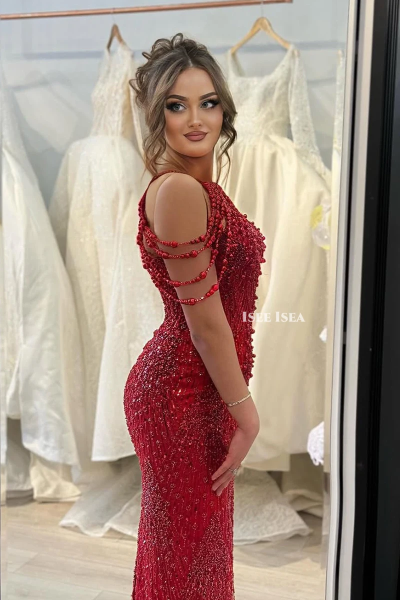 Himmelblaues exquisites Abendkleid mit Perlen, A-Linie, schulterfrei, Cocktail-Abschlussballkleid, arabische Meerjungfrau, Brautparty-Kleider, individuell gestaltet