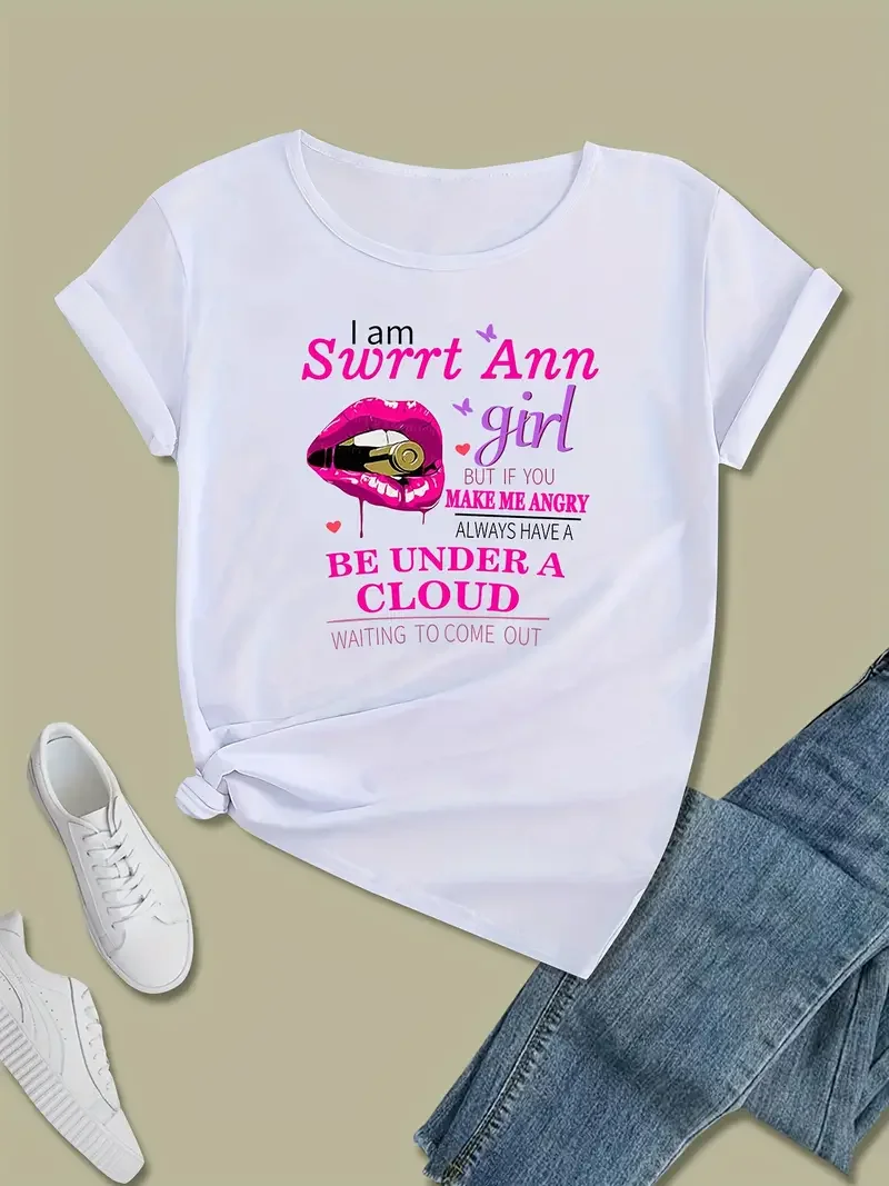

Pink Lip Letter American Fashion Printed Women's T-shirt Summer Women's O-neck Short Sleeve Street Trendy T-shirt
