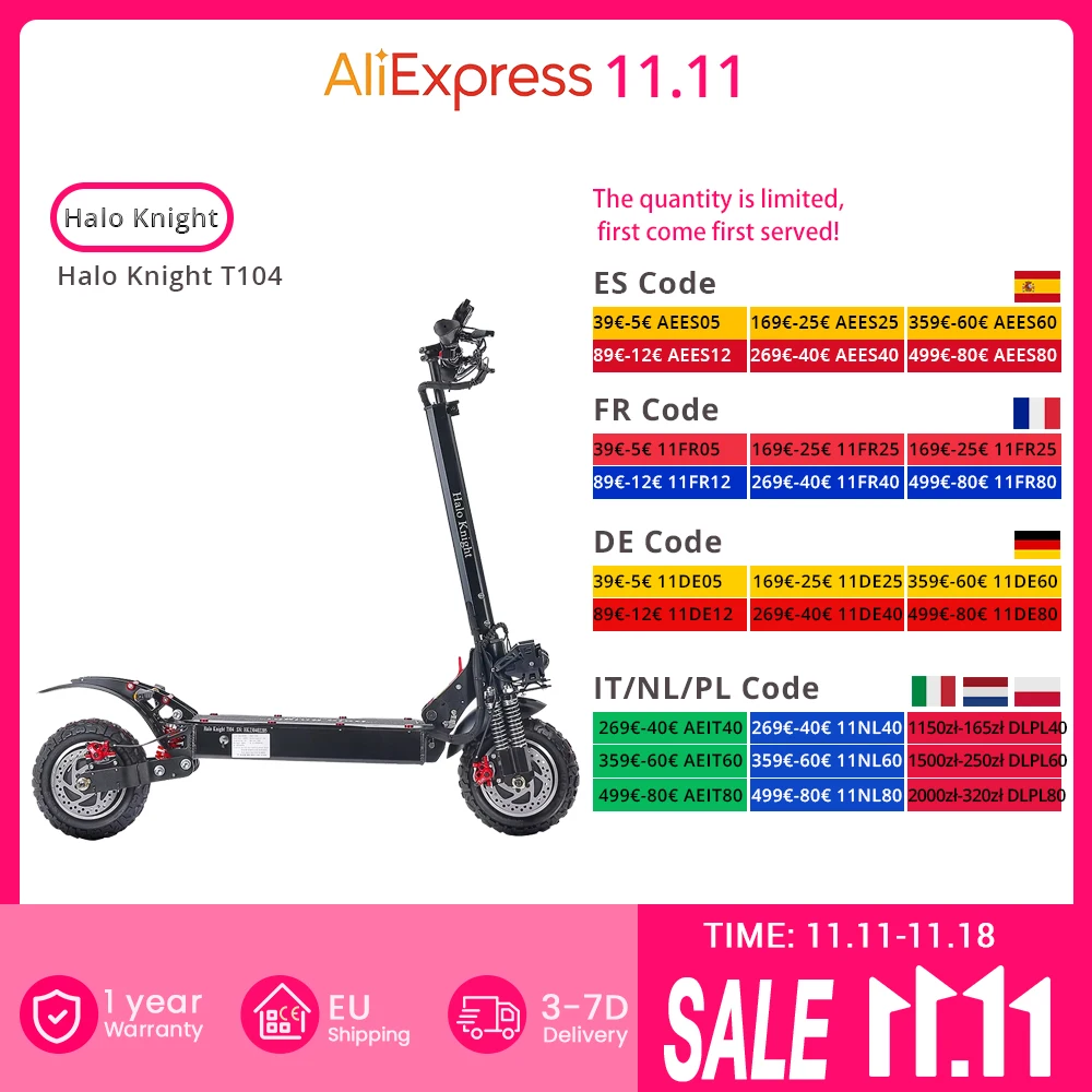 Halo Knight T104 Electric Scooter 10“ Off-road Tires 52V 1000W*2 Motor 65km/h Max Speed 52V 21Ah Battery 45km Range Disc Brake