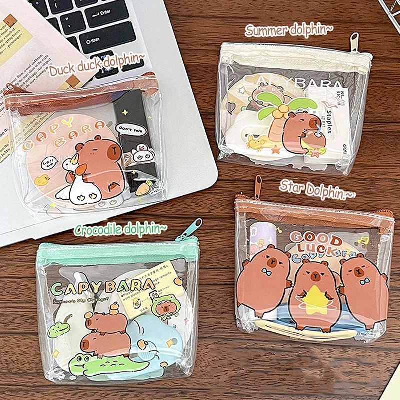 Cute Capybara Coin Storage Bag Cartoon Design PVC Zipper Waterproof Storage Bag Small Cosmetic Bag Clear Pouch Mini Wallet