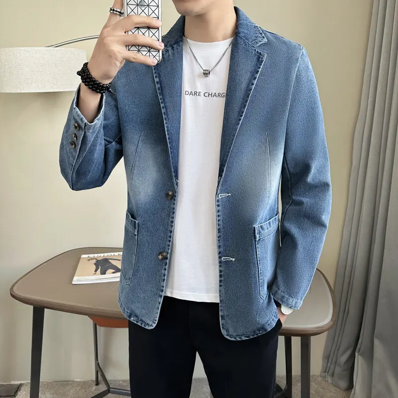 

Men's New Spring and Fall Long-Sleeved Jean Jacket Washed Men's Casual Outer Jean Jacket Light Blue Black Jeans