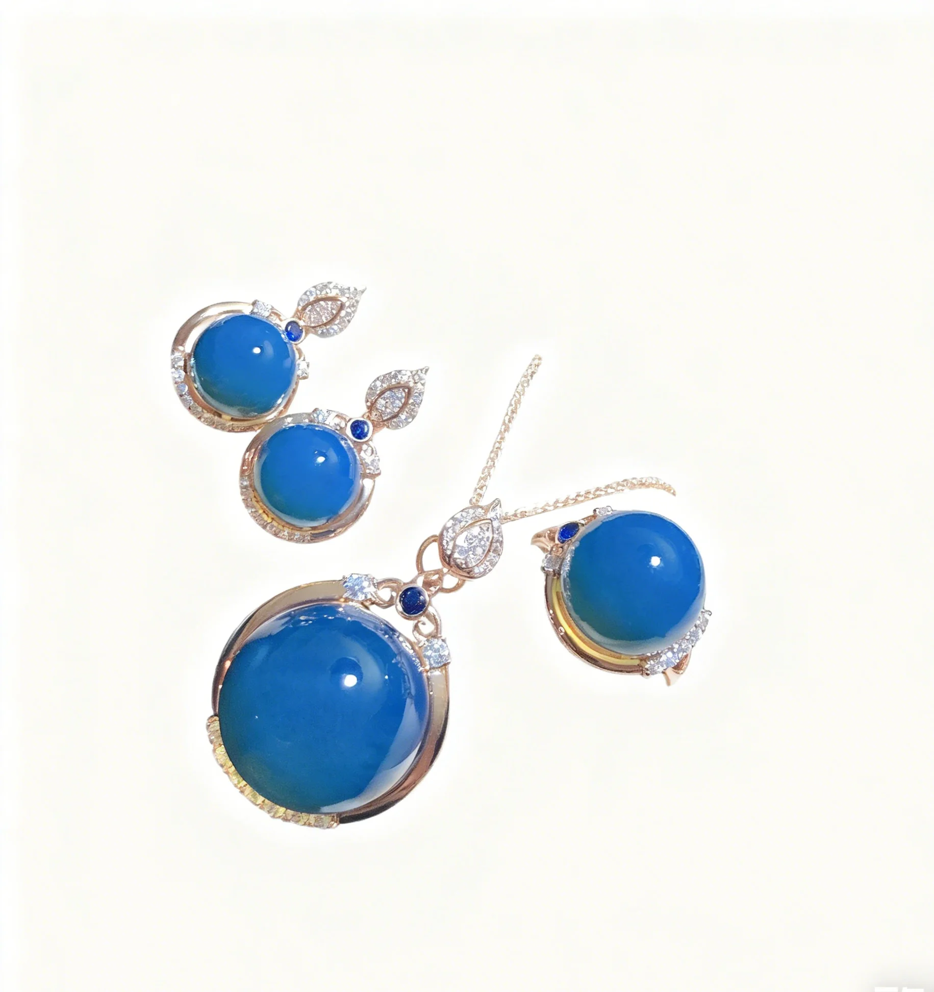 

Natural Mexican Blue Amber Sterling Silver Jewelry Set 18mm 13mm 10mm Beads Classic Halo Setting Light Luxury Daily