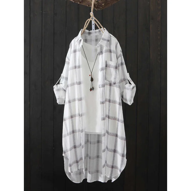 Korean Commuter Plaid Blouses Summer New Loose Sunscreen Clothing Women\'s Polo Neck Button Pockets Long Sleeve Mid-length Shirts