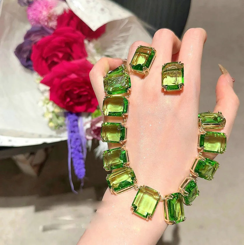 2023 Women Austria Green Crystal Colorful Gemstone Beaded Necklace Earrings Bracelet