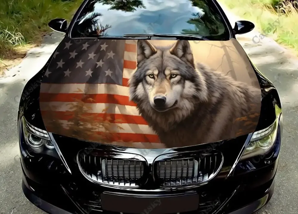 Grey Wolf American Flag Car Hood Vinyl Stickers Wrap Vinyl Film Engine Cover Decals Sticker Universal Car Hood Protective Film